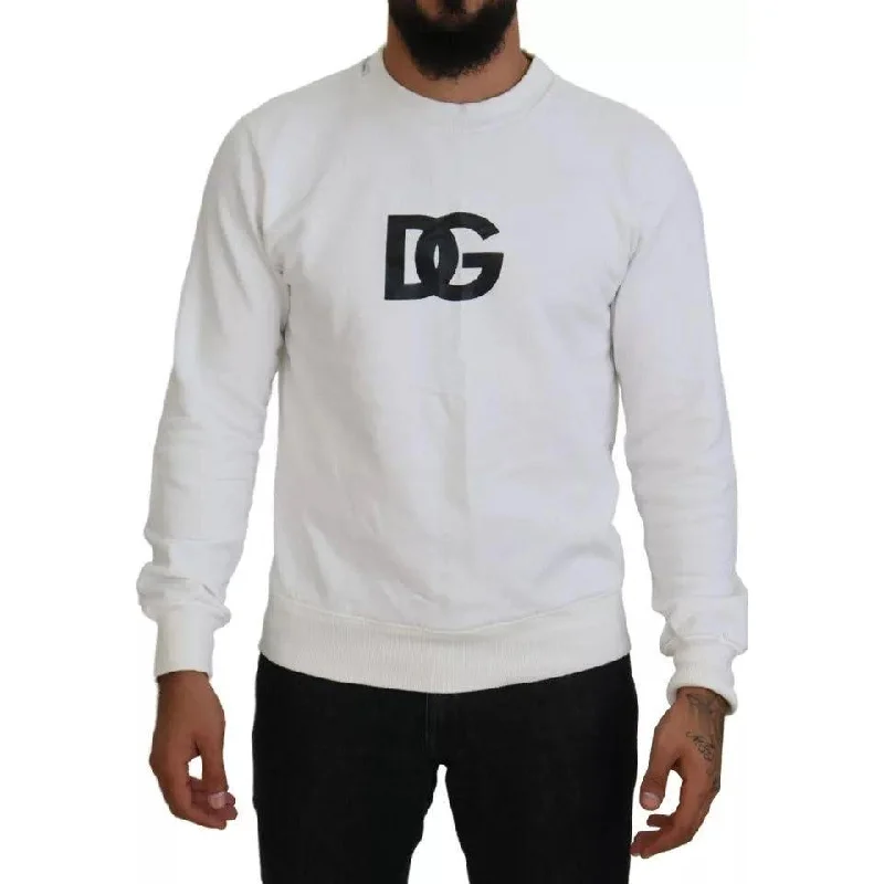 Dolce & Gabbana White Logo Cotton Crew Neck Pullover Sweater Short Puff Sleeve