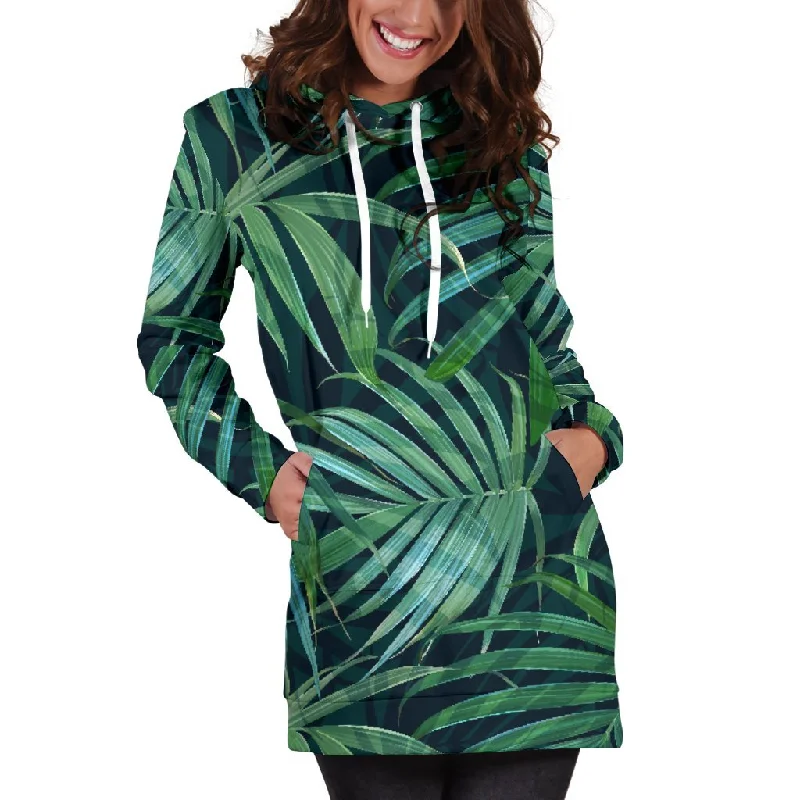 Dark Tropical Palm Leaves Pattern Print Pullover Hoodie Dress