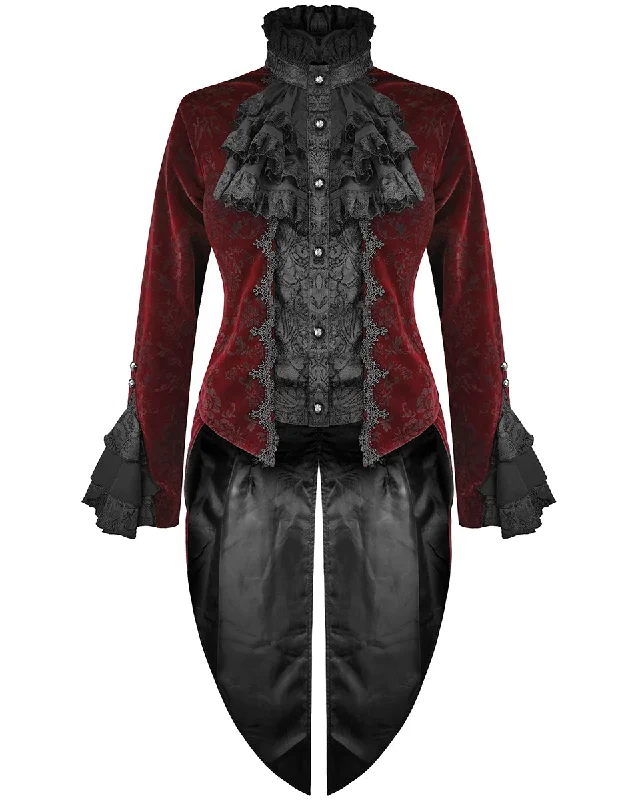 Devil Fashion Athanasius Womens Gothic Tailcoat Jacket - Red & Black Damask Stand-Up Collar Roll-Neck Collar Turtle Neck