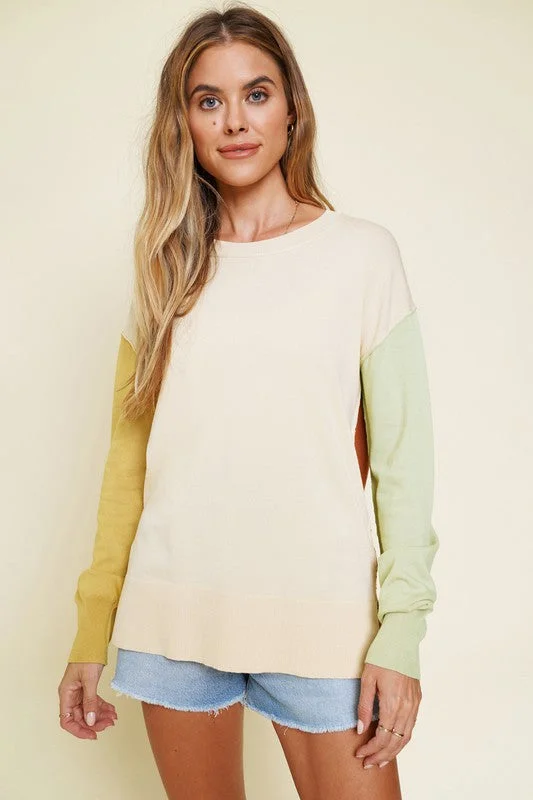 Color Block Pullover Sweater Wide Sleeve Pullover