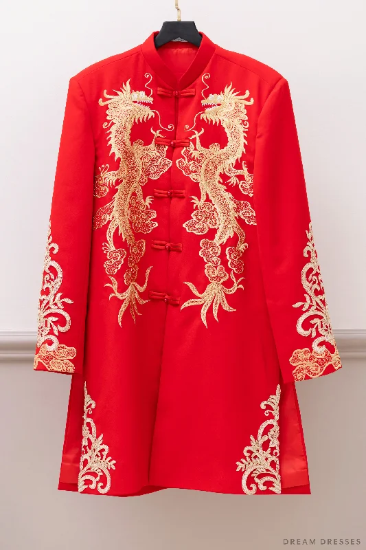 Red and Gold Groom Jacket with Dragon Embroidery| Red Chinese Tang Suit (#Khang) Striped Jacket Polka Dot Jacket Floral Jacket