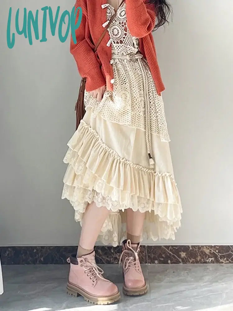 Lunivop Lace Velvet Vintage France Skirts Women Irregular Casual Elegant Party Midi Skirt Female Cottagecore Retro Skirt Autumn Boho New chiffon skirt flowing