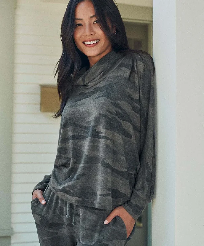 Supersoft Camo Cowl Pullover One Shoulder Top