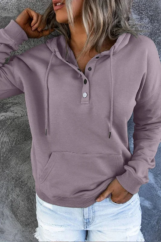 Women's Button Neck Kangaroo Pocket Pullover Hoodie - Taro Thin Wool Pullover