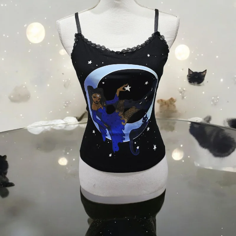 Black Spaghetti Strap Tank With Witch & Moon Design Lace Trim bronze tank top