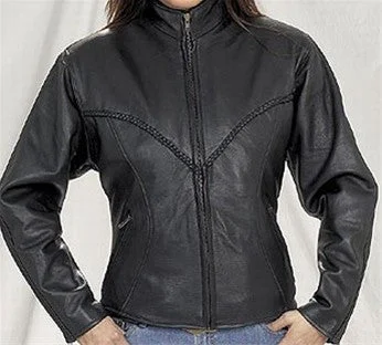 Ladies Heavy Duty Soft Leather Braided Biker Jacket with Round Collar Hooded Jacket Caped Jacket Shawl Collar Jacket