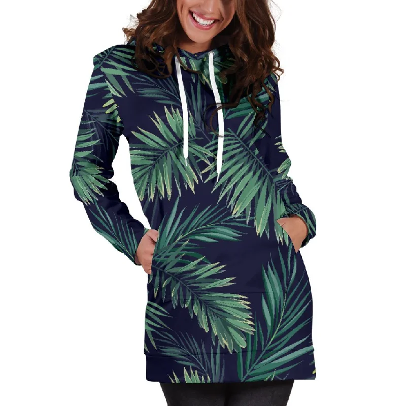Dark Tropical Palm Leaf Pattern Print Pullover Hoodie Dress