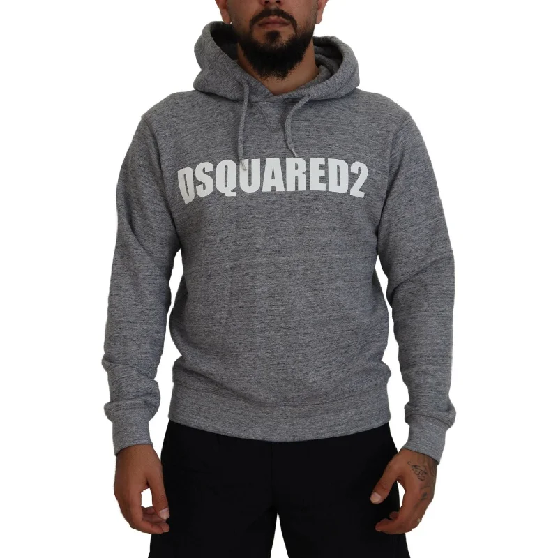Dsquared² Gray Cotton Hooded Logo Print Men Pullover Sweater Angora Wool Cozy