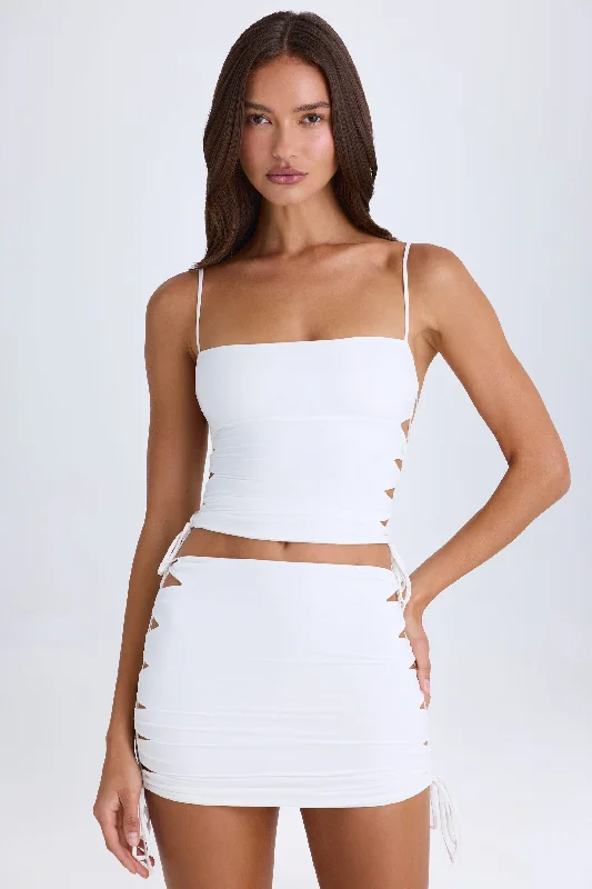 Ruched Cut-Out Mini Skirt in White linen skirt breathable