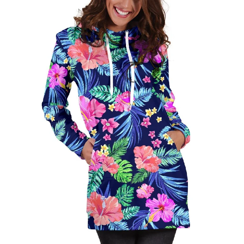 Hawaii Exotic Flowers Pattern Print Pullover Hoodie Dress