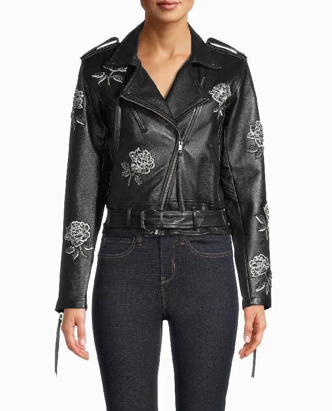 Nicole Miller Embellished Rose Moto Jacket Boat Neck Shawl Collar Notched Collar
