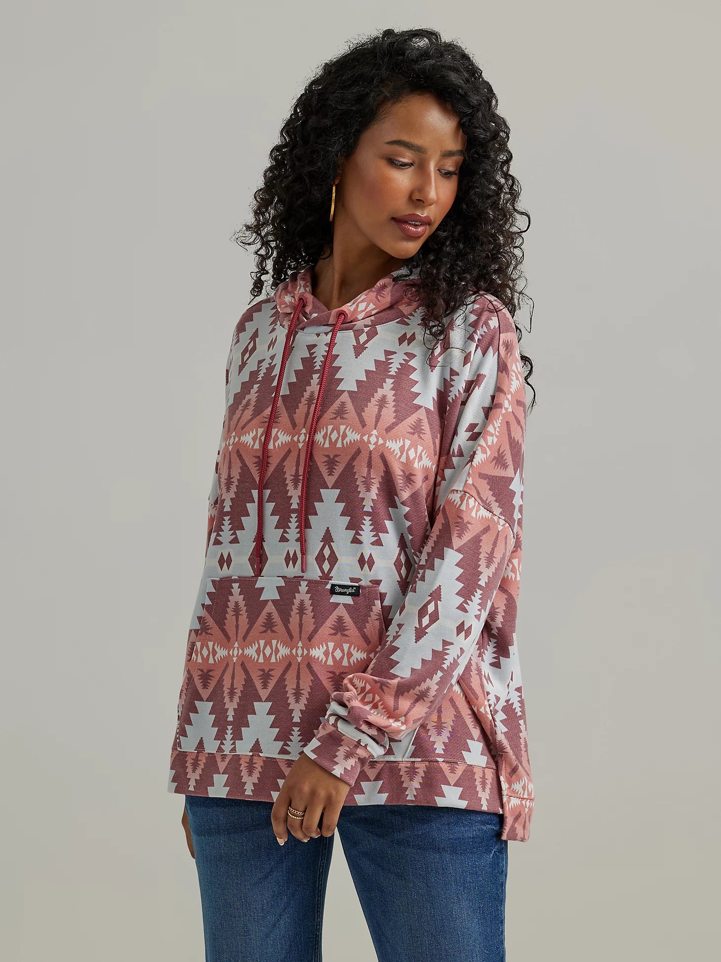 Women's Wrangler Geometric Relaxed Pullover Hoodie in Red Geo Alpaca Blend Soft