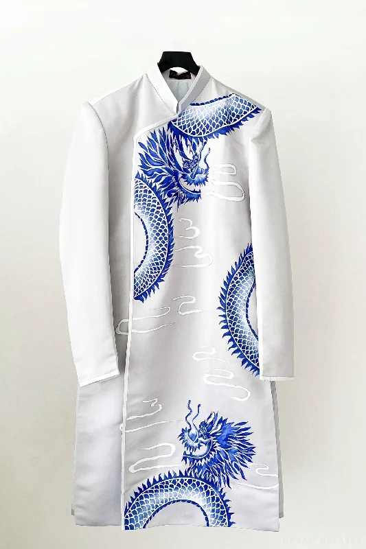 Gray and Blue Groom Ao Dai Jacket | Hand-Painted Dragon Vietnamese Ao Dai (#Khiem) Jersey Jacket Tulle Jacket Batik Jacket