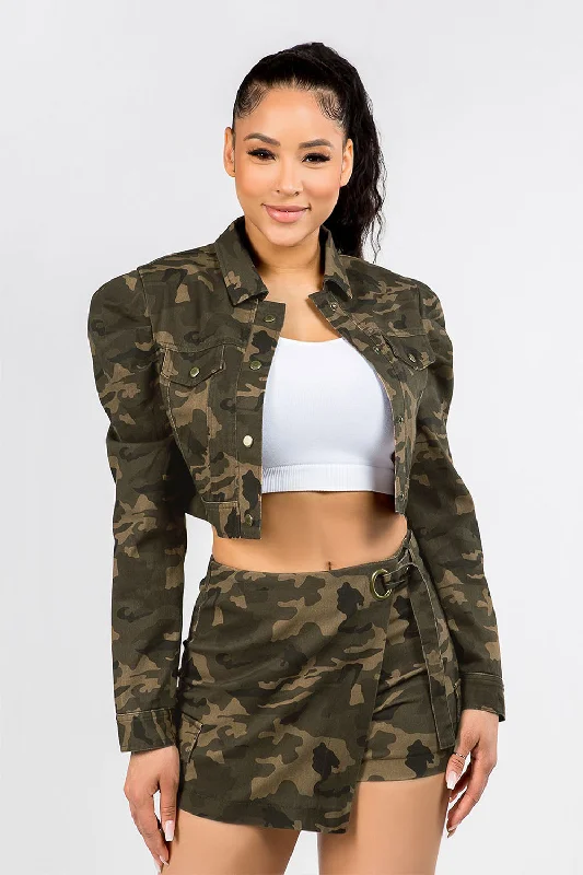 Women's Colored Balloon Shoulder Jacket and Skort Set Hoodie Zip-Up Jacket Button-Up Jacket