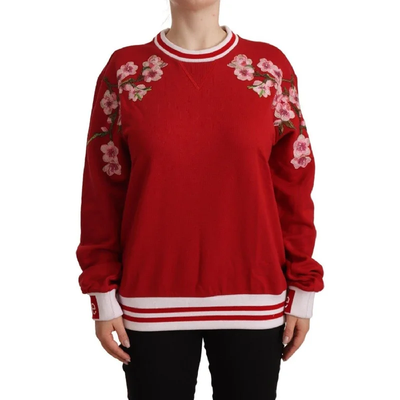 Dolce & Gabbana Elegant Red Crewneck Pullover with Floral Motif Port Neck Pullover