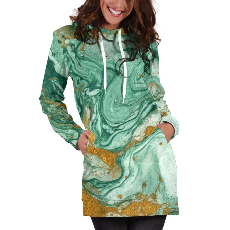 Green Gold Liquid Marble Print Pullover Hoodie Dress