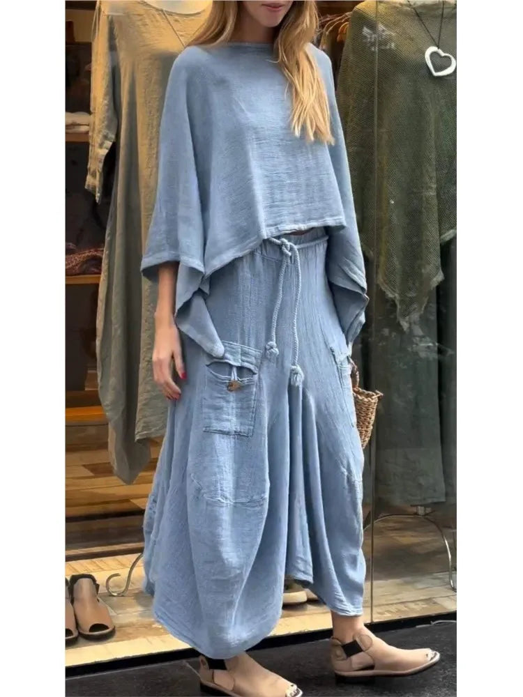 Linen Fashion Bell Sleeve Women's Top and Skirt Two-Piece, Plus Sizes breathable skirt fabric