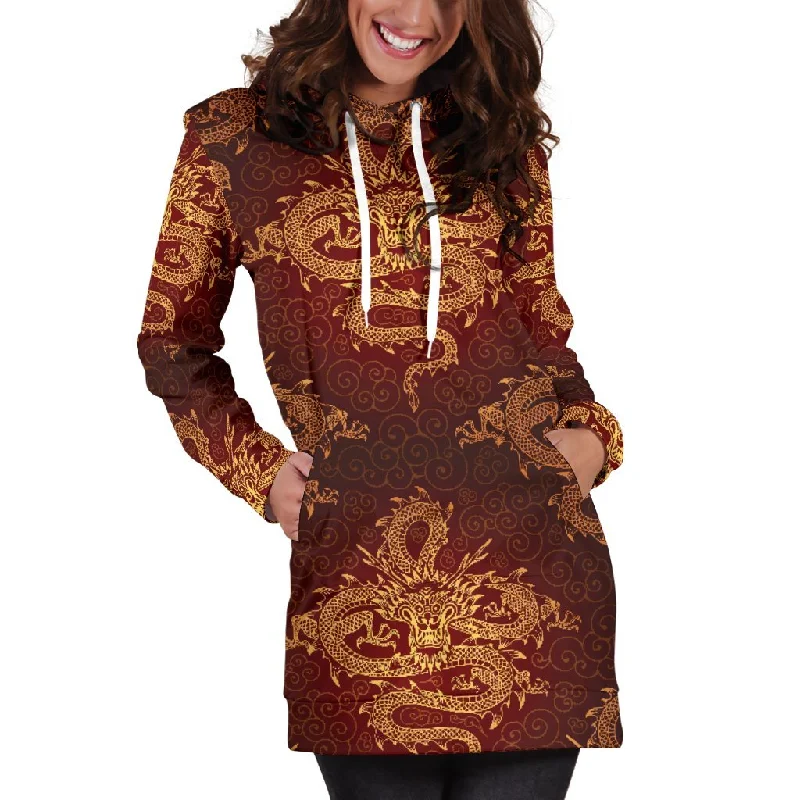 Gold Chinese Dragon Pattern Print Pullover Hoodie Dress