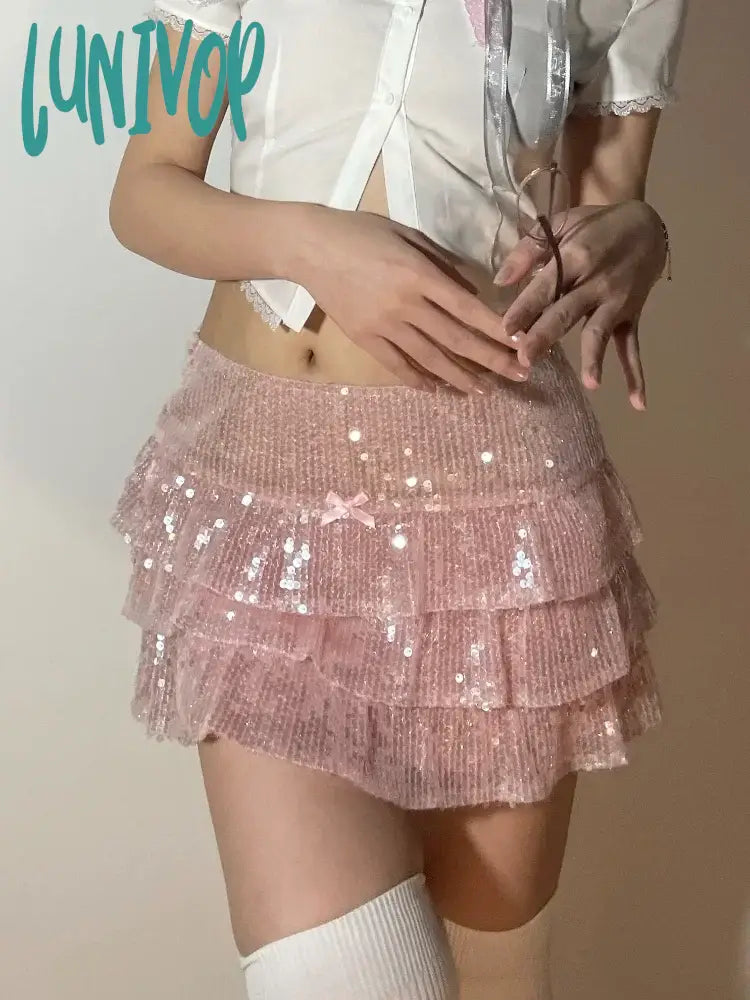Lunivop  Pink Sequin Mini Skirt Women Coquette Low Waist Ruffle Patchwork Cute Sexy Micro Skirt Y2K Summer Kawaii Fashion Party wool skirt breathable