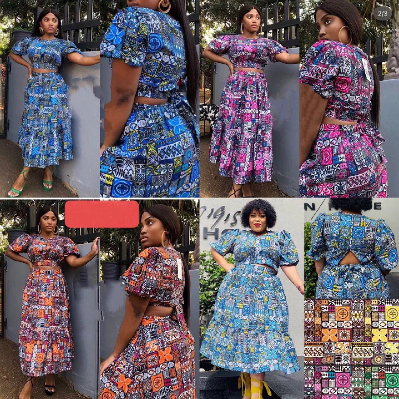 African Printed Short Sleeve Top & Skirt Set relaxed fit skirt