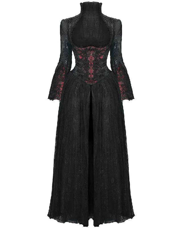 Eva Lady Long Gothic Jacquard & Lace Dress Jacket - Black & Red Tailored Jacket Straight Jacket A-Line Jacket