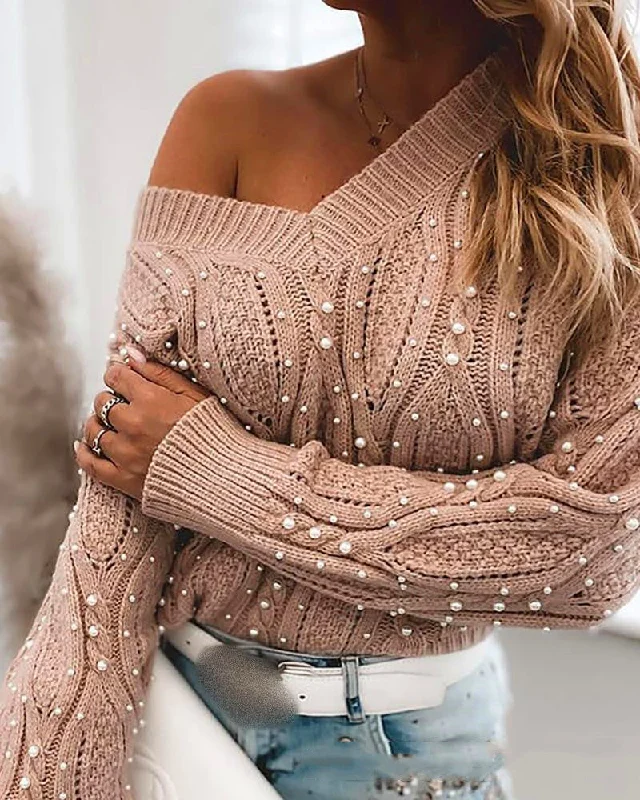 Cross border women's Pink V-neck bubble bead sweater Zippered Buttoned Snapped