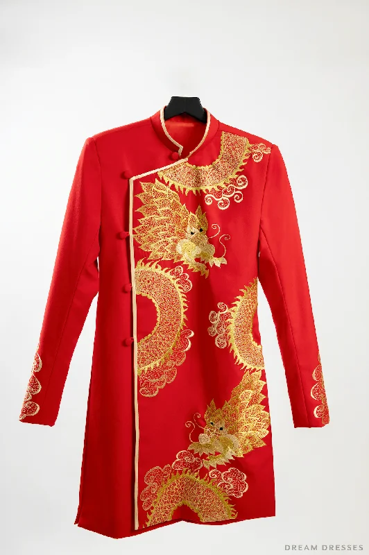 Red and Gold Groom Jacket with Dragon Embroidery| Vietnamese Groom Ao Dai  (#Ming) Front Pockets Side Pockets Patch Pockets