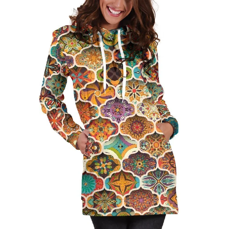 Ethnic Mandala Bohemian Pattern Print Pullover Hoodie Dress