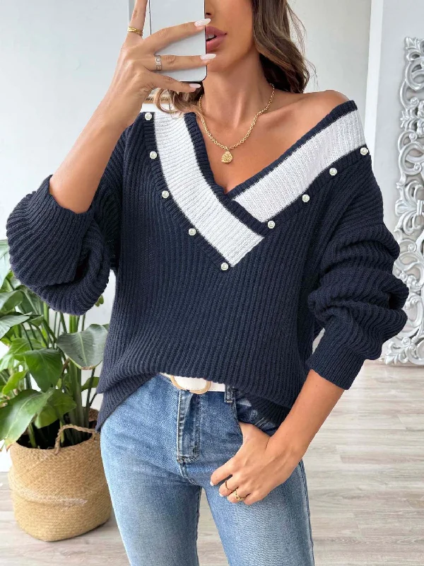 Contrast Trim Dropped Shoulder Long Sleeve Sweater Wool Fabric Cashmere Fabric Tweed Fabric