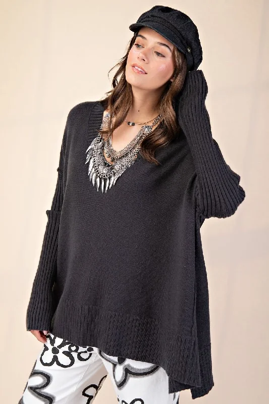 V Neck Sweater Tunic Welt Pockets Slit Pockets Flap Pockets