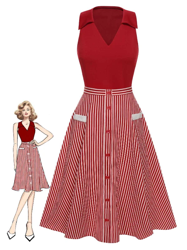 2PCS Red 1940s Lapel Top & Stripes Skirt velvet skirt rich