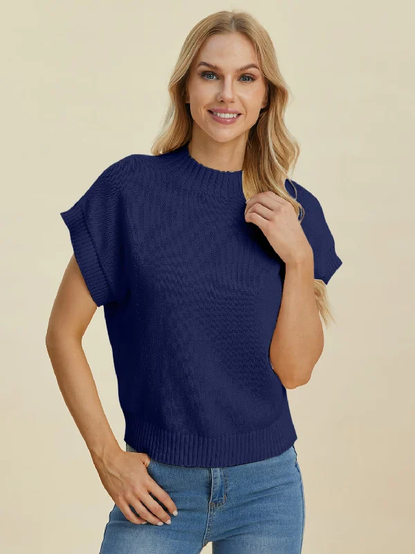 Double Take Full Size Mock Neck Short Sleeve Sweater-online exclusive Rayon Fabric Velvet Fabric Corduroy Fabric