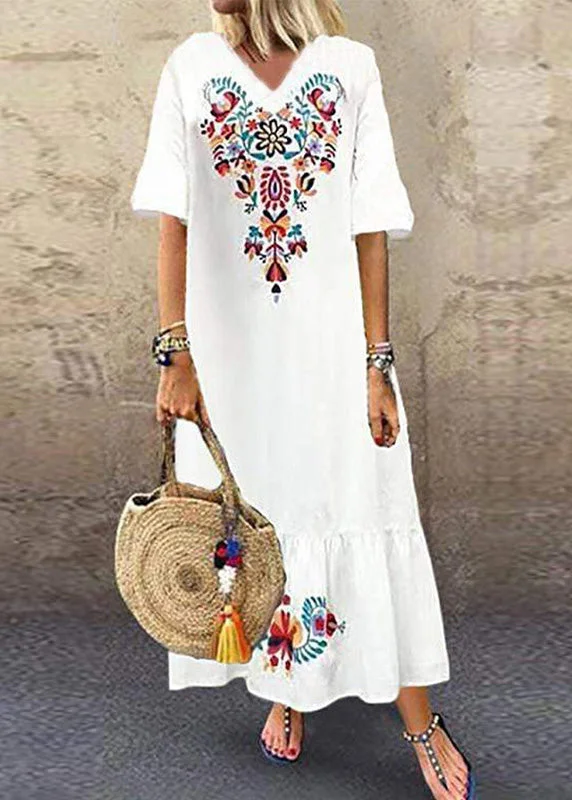 Summer White Comfortable Print Short Sleeved Pullover Long Dress Deep Neck Pullover
