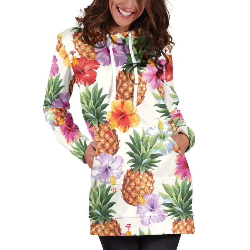 Hawaii Hibiscus Pineapple Pattern Print Pullover Hoodie Dress
