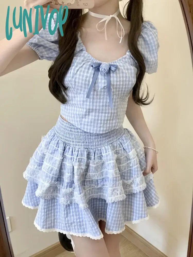 Lunivop Summer Plaid Kawaii Two Piece Skirt Set Women Lace Lolita Mini Skirt Suit Female Korean Fashion Elegant Cute Party Set New denim skirt casual