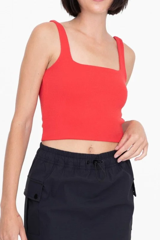 DOUBLE LINED RIBBED SQUARE NECK CROPPED TANK navy tank top