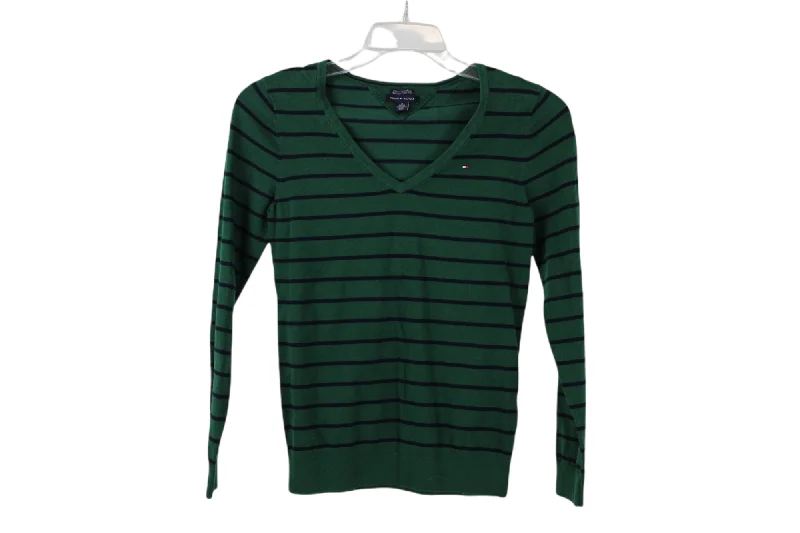Tommy Hilfiger Pima Cotton Green Striped Sweater | M Satin Fabric Silk Fabric Chiffon Fabric