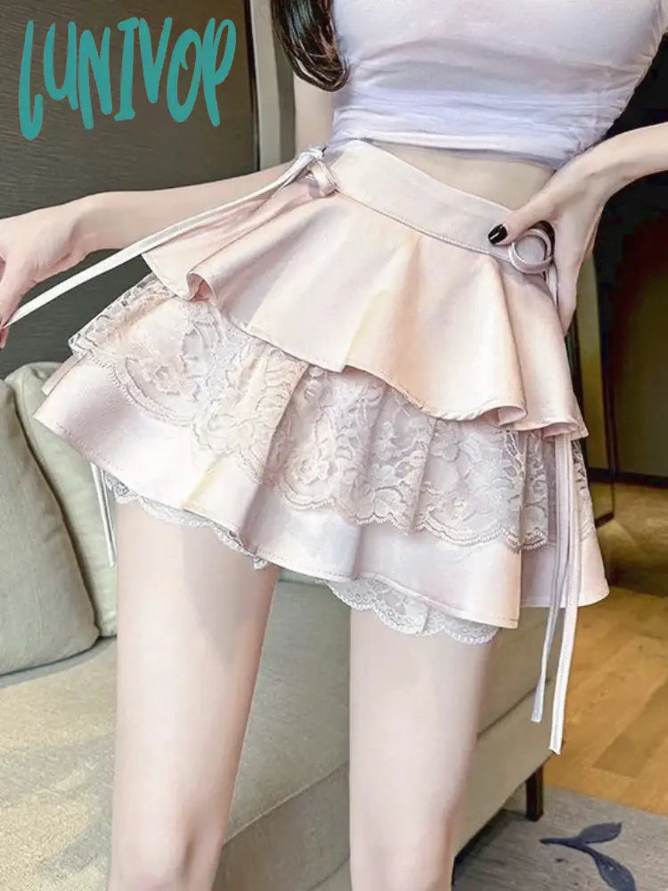 Lunivop Summer Pink Sexy Elegant Skirt Women Lace Designer Fashion Party Mini Skirt Female Ruffle Bandage Korean Vintage Skirt New lace skirt elegant
