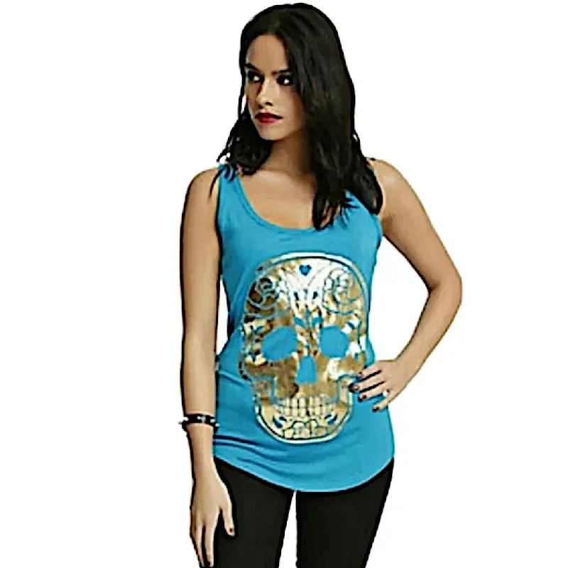 Teal & Black Racerback Tank with Gold Foil Sugar Skull | Bold & Stylish breathable tank top