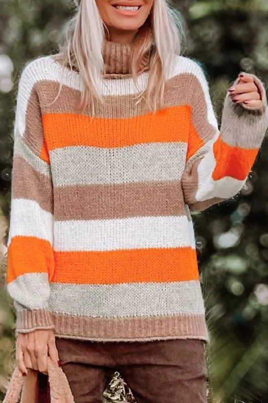 Color Block Drop Shoulder Turtleneck Sweater Cashmere Blend Cotton Blend Poly Blend