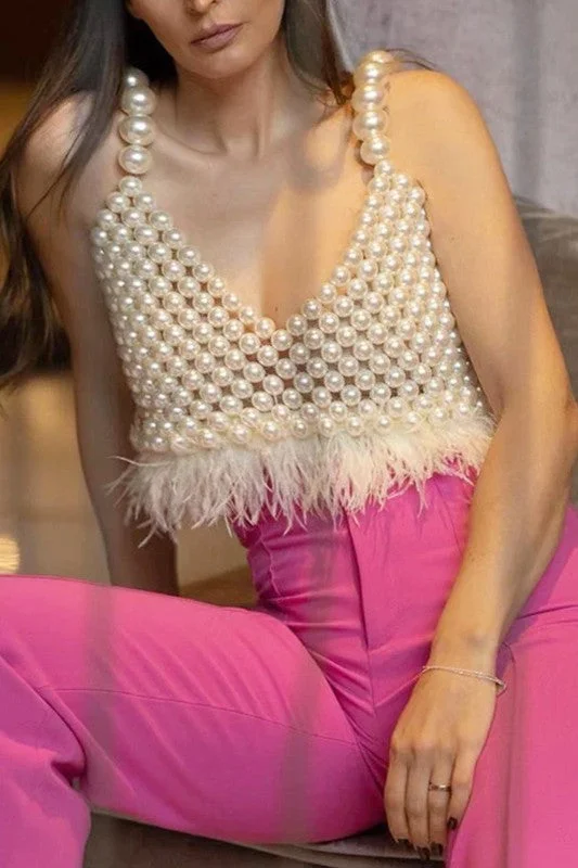 SOLID SLEEVELESS BACKLESS FEATHER PEARL TANK TOPS cold shoulder tank