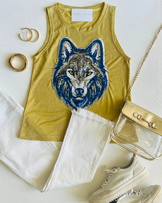 Wolf Glitter Head Tank- Gold cozy tank top