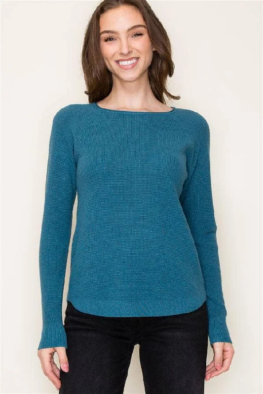 Crew Neck Long Raglan Sleeve Mini Waffle Pullover Sweater in Teal Fine Merino Wool