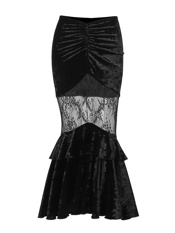 1970s Gothic Velvet Lace Tiered Mermaid Skirt relaxed fit skirt