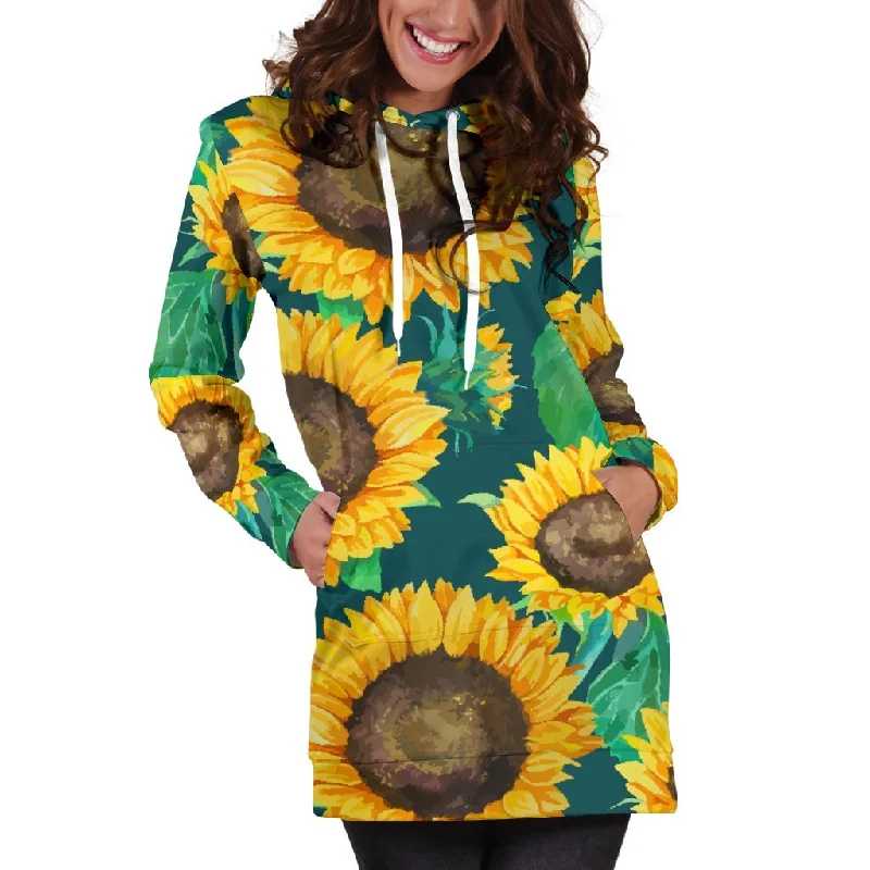 Green Watercolor Sunflower Pattern Print Pullover Hoodie Dress