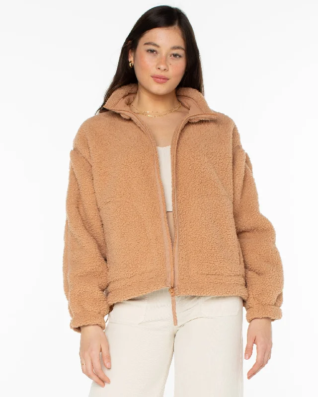 Wurlie Zip Up Fleece Jacket - Camel Faux Fur Fabric Real Fur Fabric Shearling Fabric