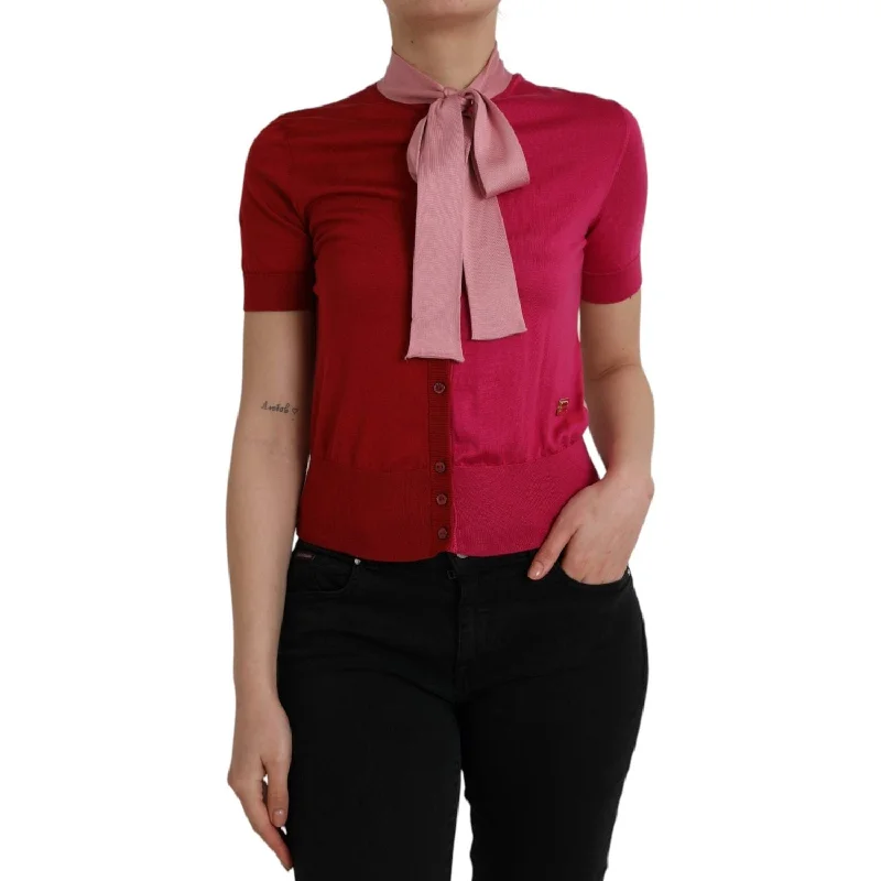 Dolce & Gabbana Pink Short Sleeves Pullover Ascot Collar Top Slit Sleeve Stylish