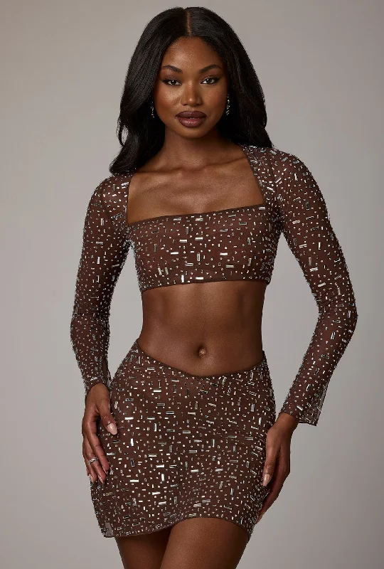 Sheer Embellished V Waist Mini Skirt in Deep Cocoa button skirt front