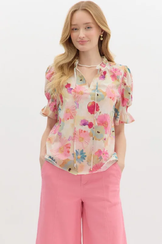 Floral Print Smocked Pullover Top Flare Sleeve Stylish