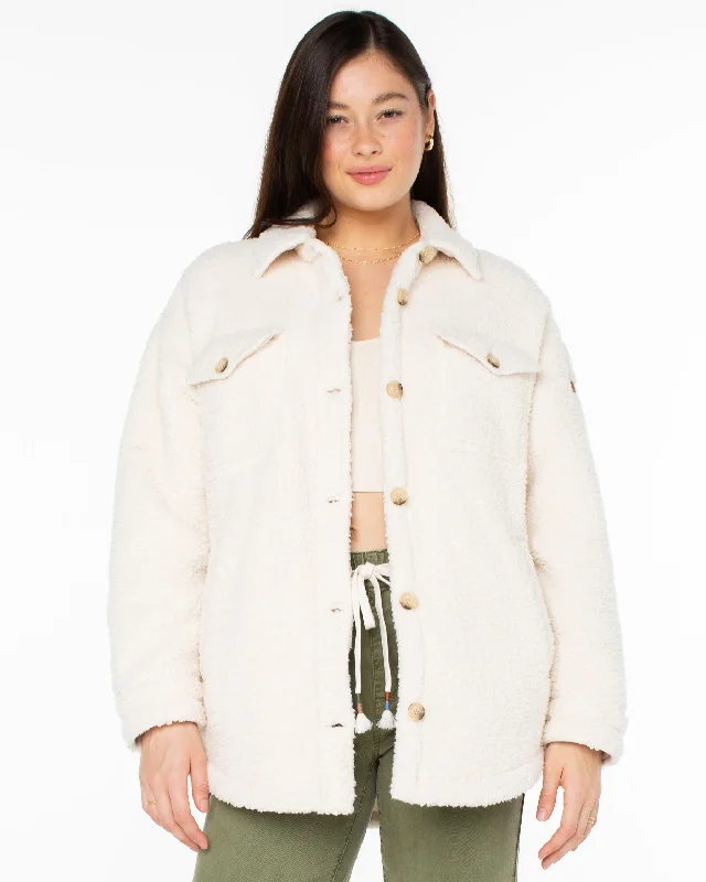 Overlander Solid Button Front Fleece Jacket - Parchment Insulated Jacket Fitted Jacket Loose Jacket